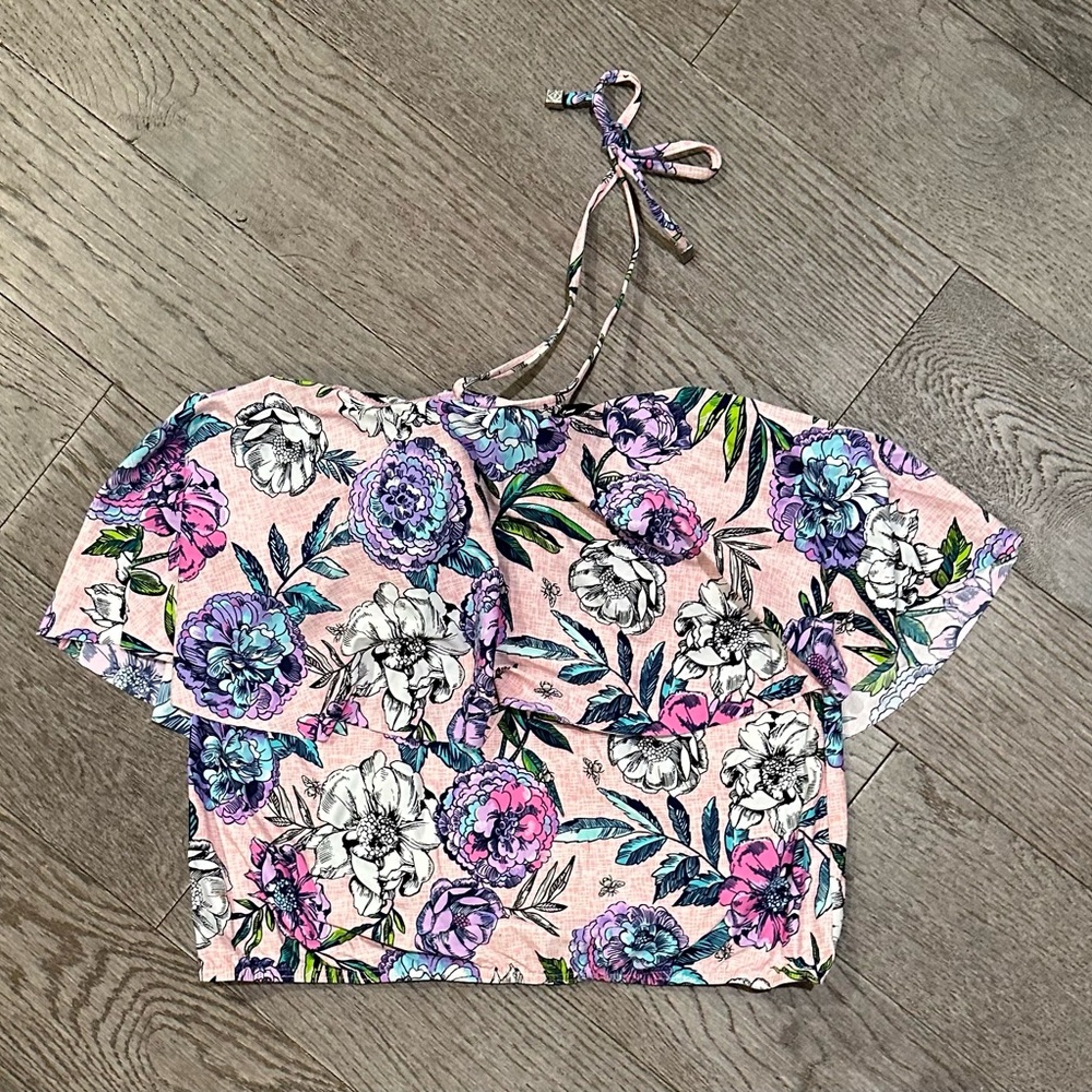 Vera Bradley Pink Floral Ruffled Tie Bailey Tankini Swimsuit Top L